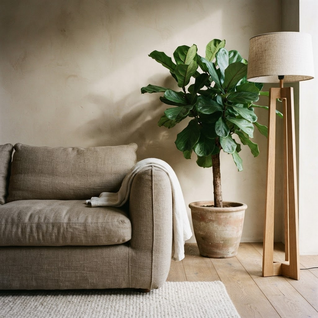 Detalle de un sofá taupe junto a una planta y una lámpara de madera